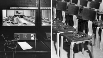 Headphones on chairs in the League of Nations